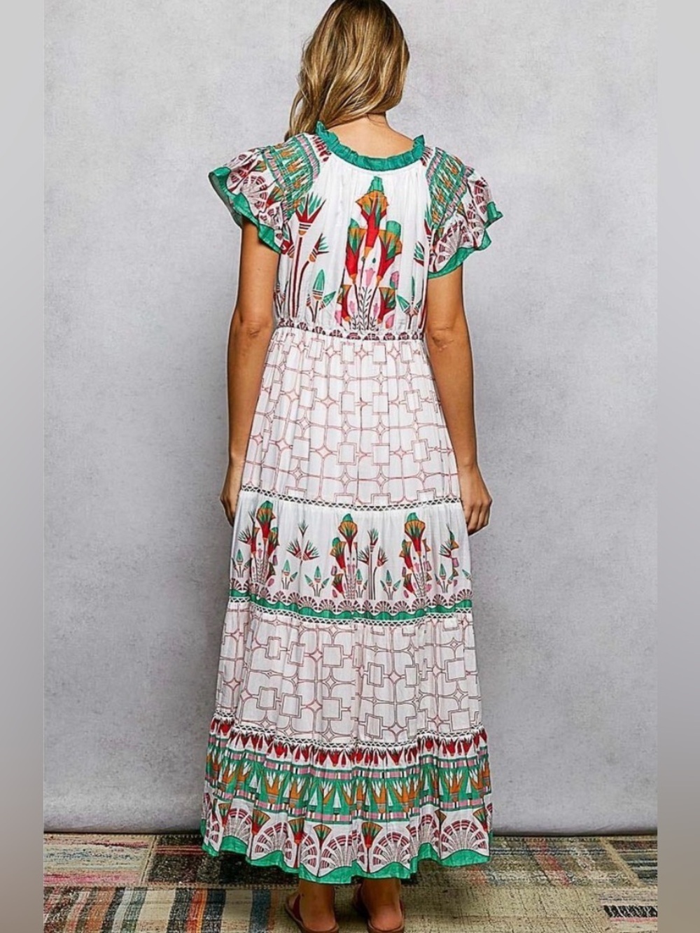 POL Hand Block Printed Cotton Tiered Midi Dress | Medium | Flutter Sleeve NWT - Picture 4 of 9